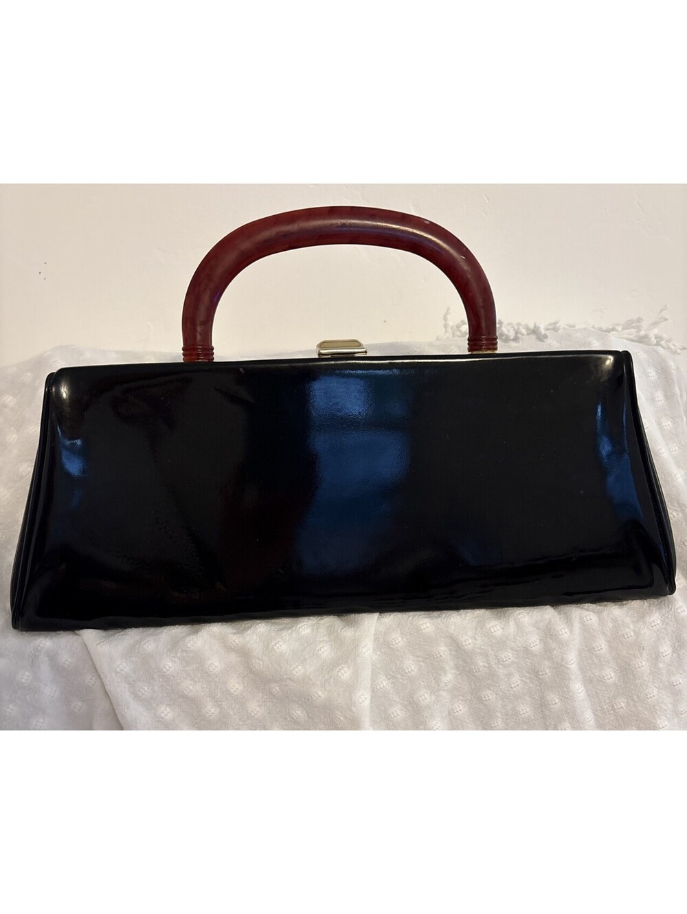 1950s  Vintage Black Vinyl Geometric Trapezoid Purse With  Lucite Handle MCM